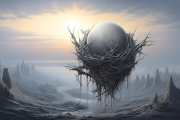 An image of a surreal scene of an egg in a nest - Generative AI