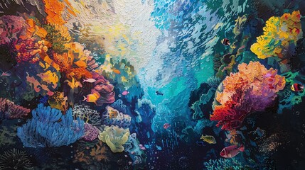 Capture the mystique of underwater realms in a vibrant acrylic painting with a low-angle perspective, emphasizing abstract art techniques Weave in subtle hints of leadership principles through the use - obrazy, fototapety, plakaty