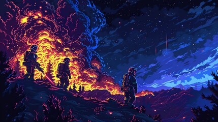 Craft a mesmerizing scene of galactic firefighters combating space wildfires using pixel art, emphasizing bold, contrasting colors and intricate details Experiment with unique camera angles for an eng
