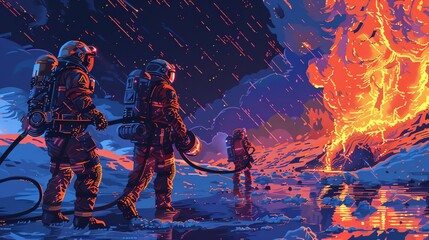 Craft a mesmerizing scene of galactic firefighters combating space wildfires using pixel art, emphasizing bold, contrasting colors and intricate details Experiment with unique camera angles for an eng - obrazy, fototapety, plakaty