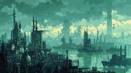 Craft a striking dystopian cityscape overlooking a vast maritime realm with decaying ships and modern skyscrapers Utilize pixel art for a retro-futuristic vibe - obrazy, fototapety, plakaty