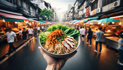 Street Food Experience: Holding a Bowl of Noodles generative AI - obrazy, fototapety, plakaty