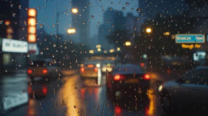Fotobehang A view of the city through glass on a rainy night  © kamonobubu