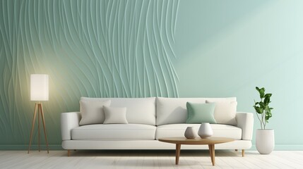 A modern white sofa against a refreshing mint green 3D wall, creating a light and airy ambiance in the living space.