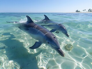 Fototapeta premium Joyful Dolphins Frolicking in Crystal Clear Ocean Waves Under Bright Summer Sun