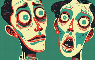 Two male faces with big eyes and open mouths. The faces are in a cartoonish drawn style. The scene is disturbing. OMG emotions. Illustration for cover, card, postcard, interior design, decor or print.