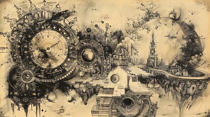 Fototapeta na wymiar Craft a whimsical pen and ink drawing of a paradoxical situation where time is distorted, blending different eras together to symbolize the complexity of human perception