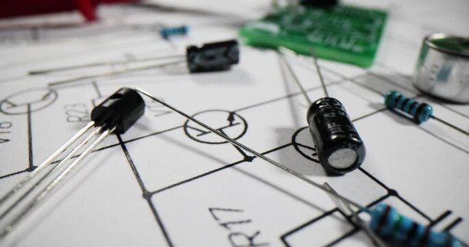 Resistors capacitors and electronic components on a circuit diagram