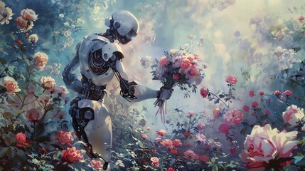 Create a serene scene of a robot presenting a bouquet to its human companion in a garden filled with blooming flowers, using pastel colors and gentle brushwork to evoke a sense of love and connection - obrazy, fototapety, plakaty