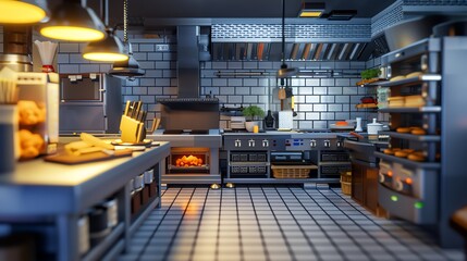 Illustrate a 3D rendering of a chefs kitchen in voxel art style, emphasizing vibrant colors and dynamic perspectives with unexpected camera angles to enhance the virtual reality culinary experience