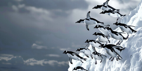 勇気を出して海に飛び込むペンギンの群れ - obrazy, fototapety, plakaty