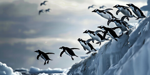一斉に海へ飛び込むペンギンの群れ - obrazy, fototapety, plakaty