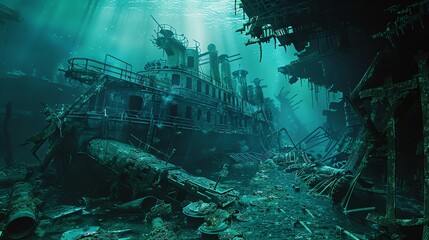 Illustrate a mysterious undersea world under the control of a dystopian regime Show unexpected camera angles through photorealistic 3D rendering to enhance the eerie atmosphere - obrazy, fototapety, plakaty