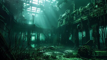 Illustrate a mysterious undersea world under the control of a dystopian regime Show unexpected camera angles through photorealistic 3D rendering to enhance the eerie atmosphere