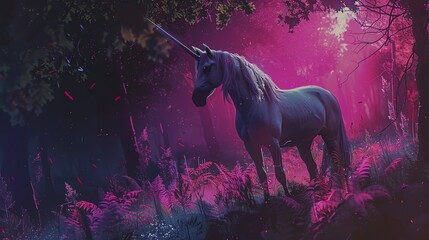 Illustrate a sleek unicorn stealthily investigating a crime scene at dusk, using digital rendering techniques to enhance its ethereal presence - obrazy, fototapety, plakaty