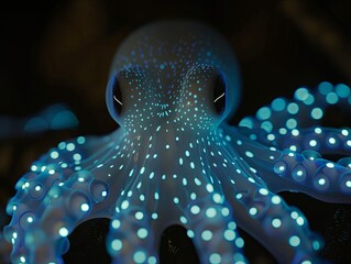 Close-up of octopus with many tentacles with luminous elements. Cephalopod mollusk with bioluminescence. Illustration for cover, interior design, poster, brochure or presentation. - obrazy, fototapety, plakaty