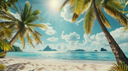 Beautiful tropical beach banner. White sand and coco palms travel tourism wide panorama background concept.