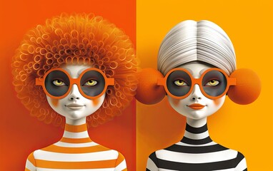 Two cartoon girls with interesting hairstyles, wearing glasses dressed in striped shirts. The dolls are smiling and looking at the camera. Illustration for cover, card, poster, brochure, presentation.