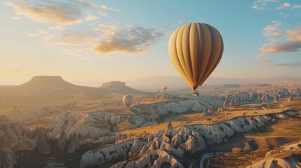 Hot air balloons flying over spectacular Cappadocia 