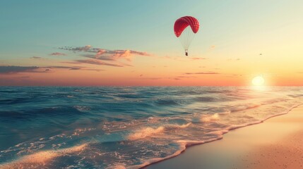 illustration of distant person flying on parachute over blue sea water and sandy beach against cloudless sundown sky 
