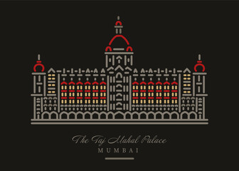 Taj Hotel building in Mumbai vector line illustration.