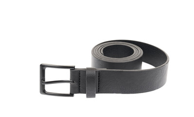 Fashionable men's leather belt with dark metal buckle isolated on white background. Black belt for men. Black leather belt for trousers. 
