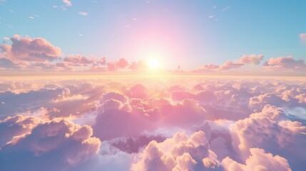 Fototapeta premium the sun shines brightly above the clouds in this view of a blue sky with pink and yellow hues. 