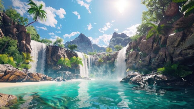 tropical waterfall lagoon on sunny day