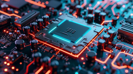 Fototapeta na wymiar Glowing CPU Processor Chip on Futuristic Circuit Board Close-Up
