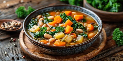 Close shot of hearty bean stew with kale and vegetables kept in a clean backdrop with a big space for text or product advertisement, Generative AI. - obrazy, fototapety, plakaty