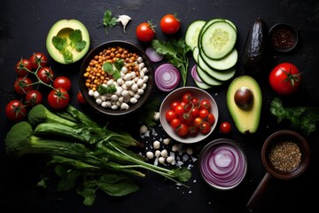 Set of ingredients for fresh vegetable salad, concept of diet and vegetarian nutrition, healthy lifestyle, top view 
