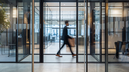 Businessman walking in modern office blur motion effect, an entrepreneur is in a hurry for a presentation to get funding for his startup