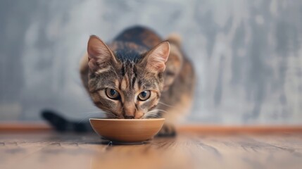 Close up of kitten eating food on gray background with copy space, pet care concept, animal behavior
