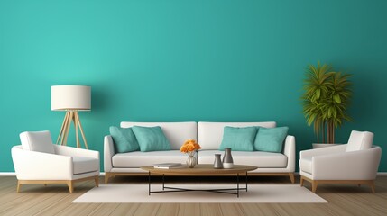 Fototapeta na wymiar A serene lounge space adorned with a cozy white sofa against a captivating teal 3D wall, providing a tranquil retreat.