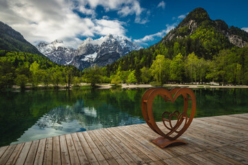 Symbol of the love on the wooden pier, Lake Jasna