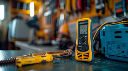 Volt meters and other testing equipment on a work bench in garage. - obrazy, fototapety, plakaty