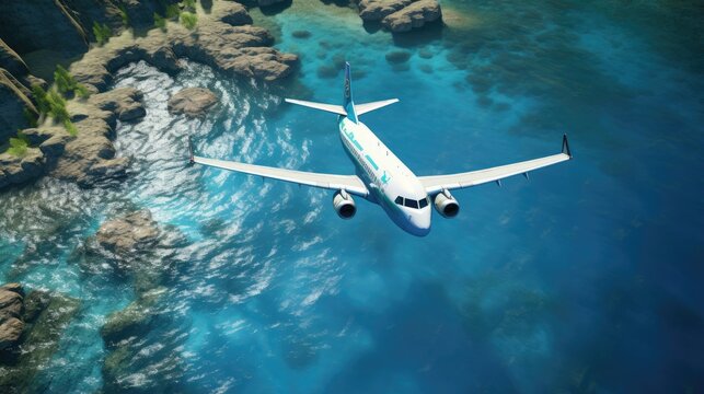 The plane flies over the blue surface of the sea or ocean. Travel and transport concept. Illustration for banner, poster, cover, brochure or presentation.