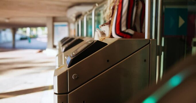 Phone, station and woman with contactless payment at bus terminal for public transport in city. Travel, technology and closeup of female person with cellphone for wireless ticket machine in town.
