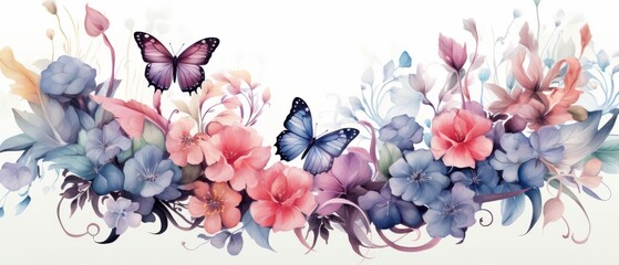 Cartoon butterfly and flowers watercolor white background, Generative AI