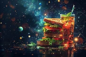 This advanced 3D digital notion depicts an enigmatic image of a sandwich drinks oriented like the night sky or space, with wireframe light links and space, Generative AI. - obrazy, fototapety, plakaty