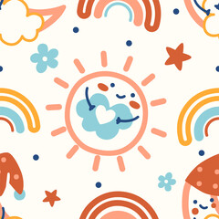 Funny seamless pattern with baby sun and sleepy moon. Naive style hand-drawn vector print. Sunshine playful backdrop for kids bedroom or playroom.