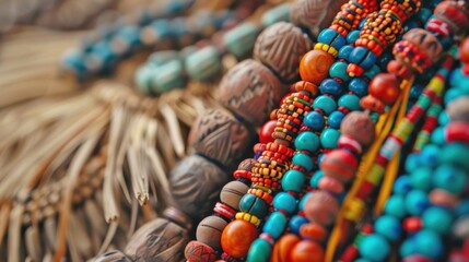 Colorful tribal beads in close up.