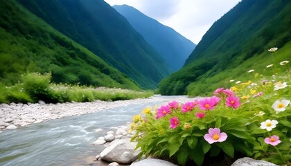 Fototapeta na wymiar Flower-in-mountain-with-river