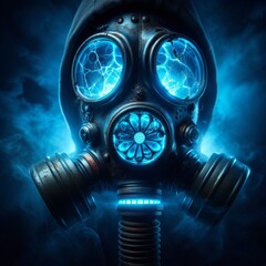 A surreal, steampunk-style gas mask with cracked blue lenses shines eerily in a smoky, mysterious ambiance.. AI Generation