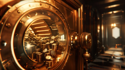 Golden Treasure Vault Full of Shiny Coins Illuminated in Dark Room
