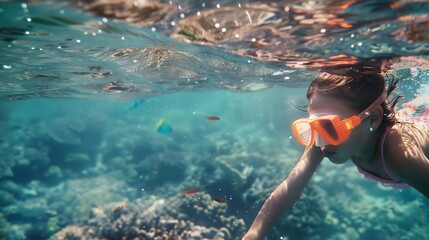 Generative AI : Child snorkeling. Kids swim underwater. Beach and sea summer vacation with children.