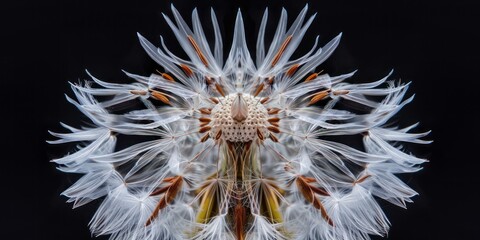 Close up of dandelion seed isolated on black background.