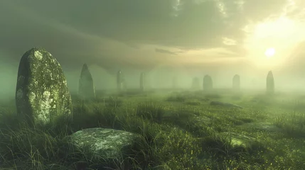  Discover the ethereal allure of a mist-covered moor, where time-worn stone circles loom amidst the foggy haze. © Azazul