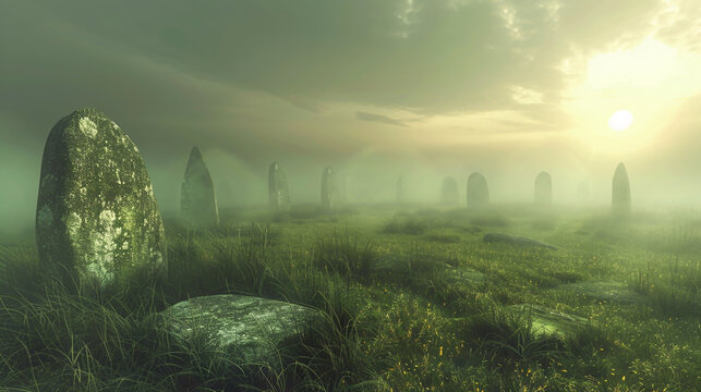 Discover the ethereal allure of a mist-covered moor, where time-worn stone circles loom amidst the foggy haze.