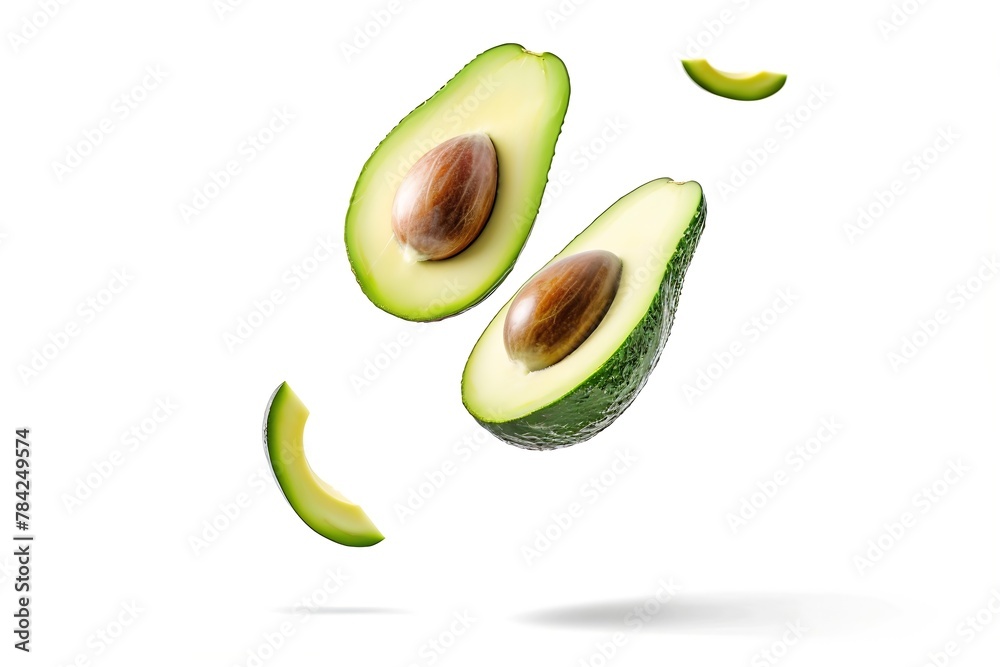 Poster generative ai : avocado with cut half sliced flying in the air isolated on white background.